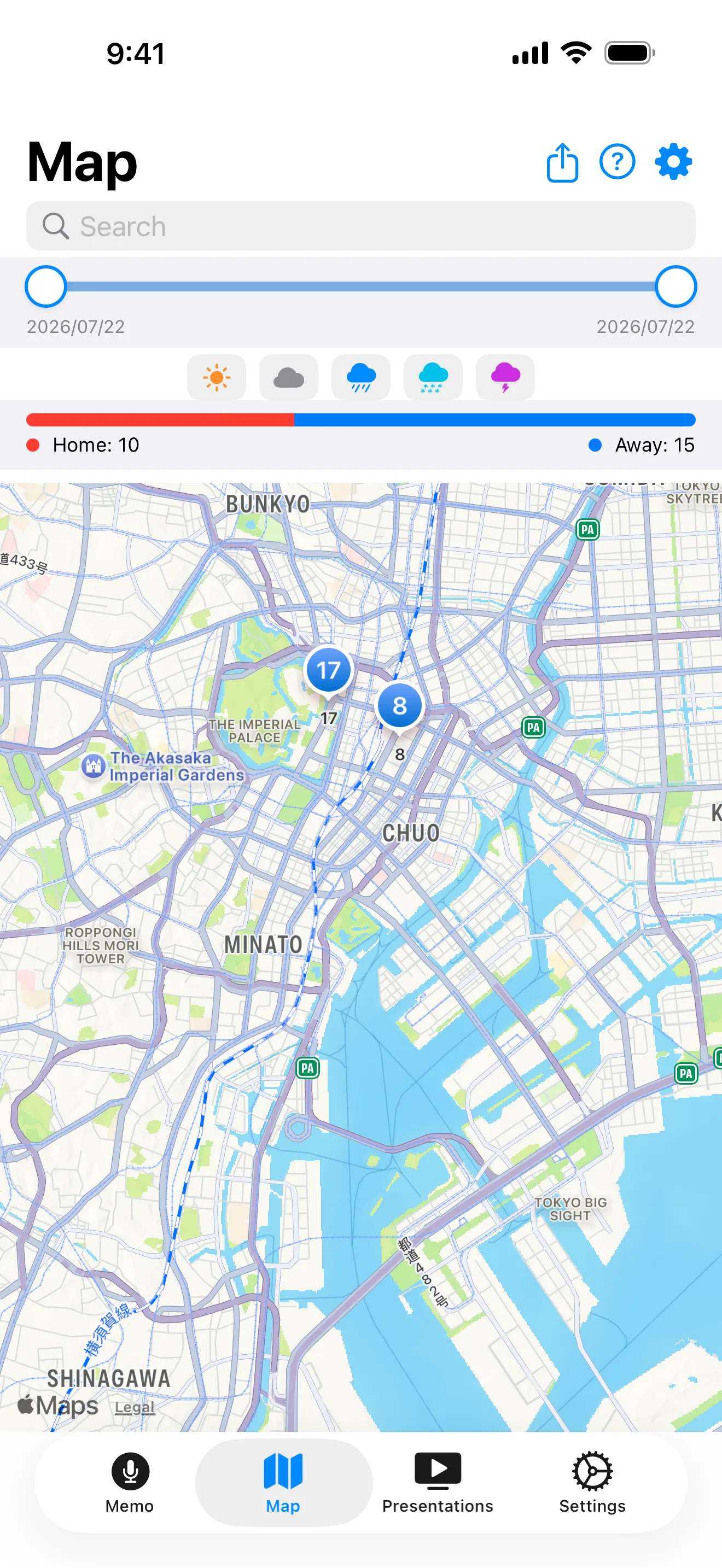 Memos pinned on a map