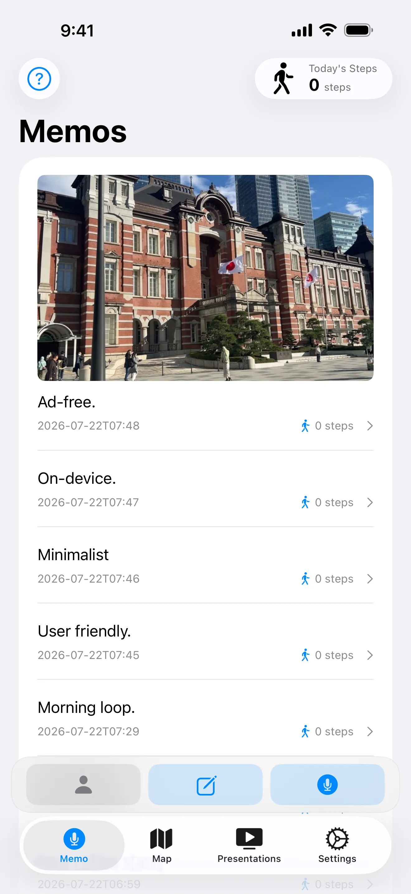 Memos saved with time, place and steps